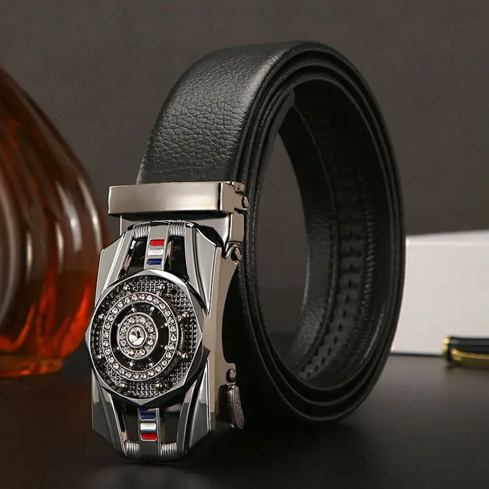 Men Luxury Design Automatic Buckle Belt Business Rhinestone Decoration Rotatable Buckle Waistband 