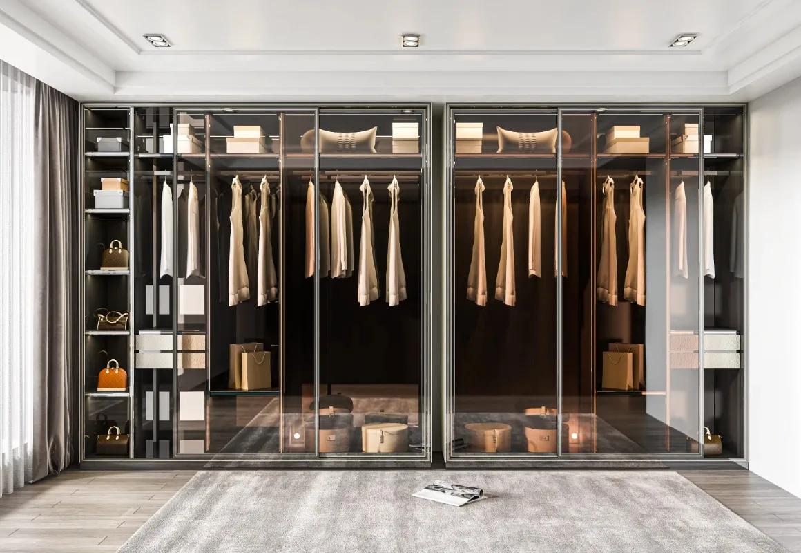 2025 Custom System Wood Panel Modular Modern Minimalist Walk-In Wardrobe with Aluminum and Glass for Bedroom Wardrobe