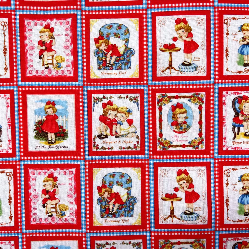 vintage Retro RED little girl 100% cotton fabric ,Patchwork Cloth,DIY Sewing Quilting Material For Baby skirt clothes