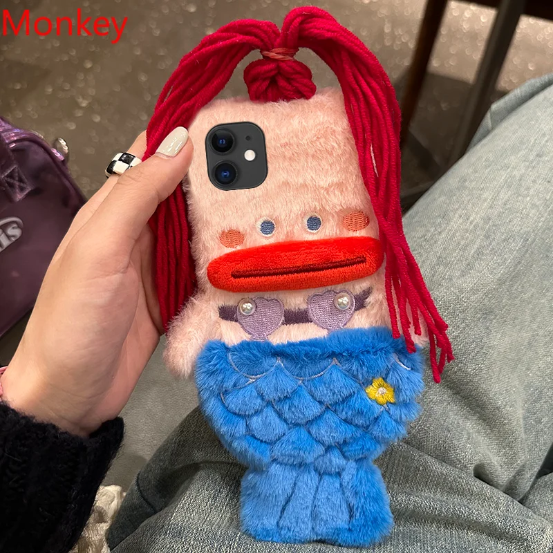 3D Cute Plush Mermaid Girls Gift Phone Case For Oneplus 11 10 9 8 7 6 5 3 One Plus 11R 8T Nord N10 Winter Fluffy Hair Soft Cover