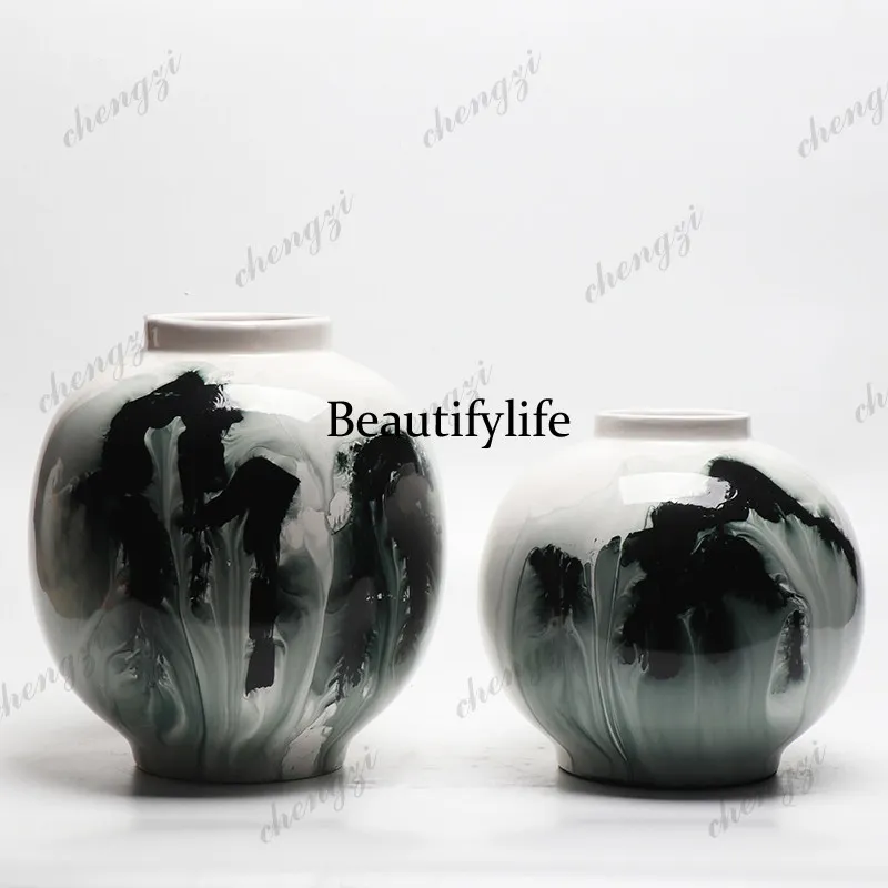Modern New Chinese Style Creative Hand-Painted Ceramic Floral Ornament Home Entryway Wine Cabinet Decoration