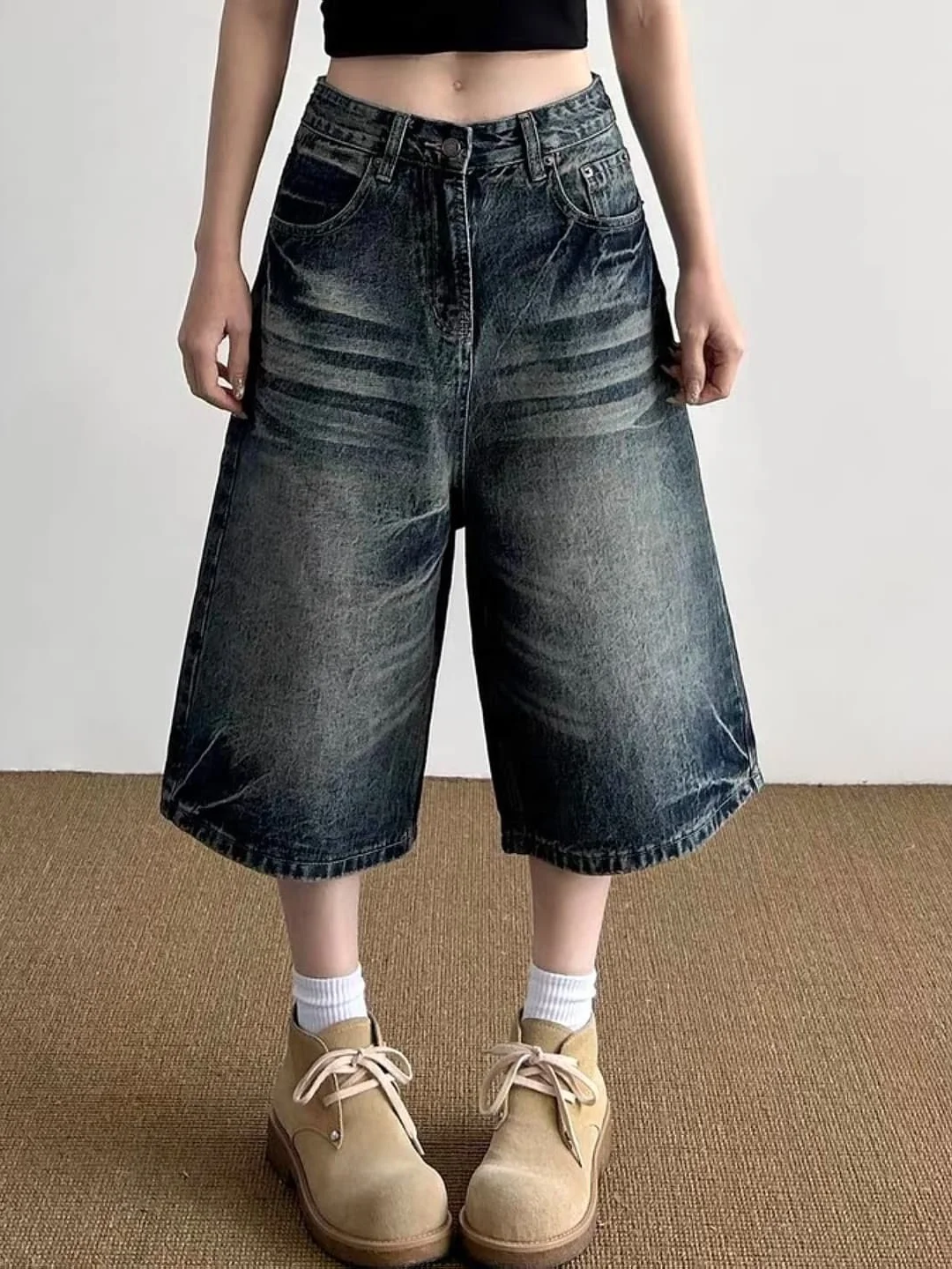 Jeans Vintage Lavados 7/8, Corte Solto, Calças de Perna Larga para Homens e Mulheres, Estilo Casual Confortável e Respirável ...