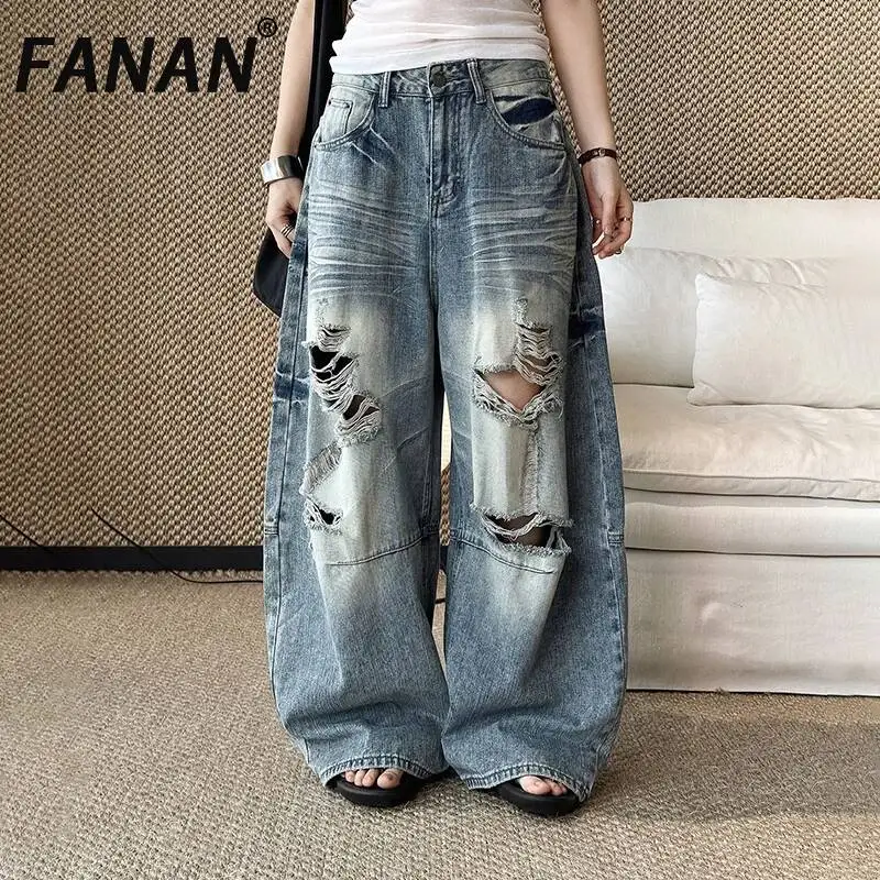 

FANAN Early Autumn New American Street Style Heavy-duty Cat-ear Wash Ripped Wide-leg Jeans For Women Streetwear Clothing Female