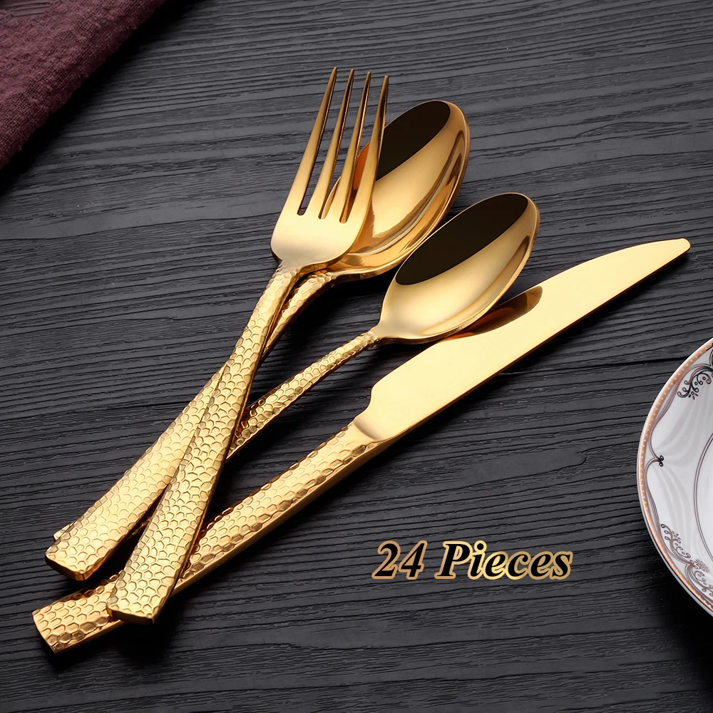 24 Pieces Hammered Handle MIrror Gold Silverware Service For 6 People Modern Cutlery Elegant Design Wedding Flatware Set