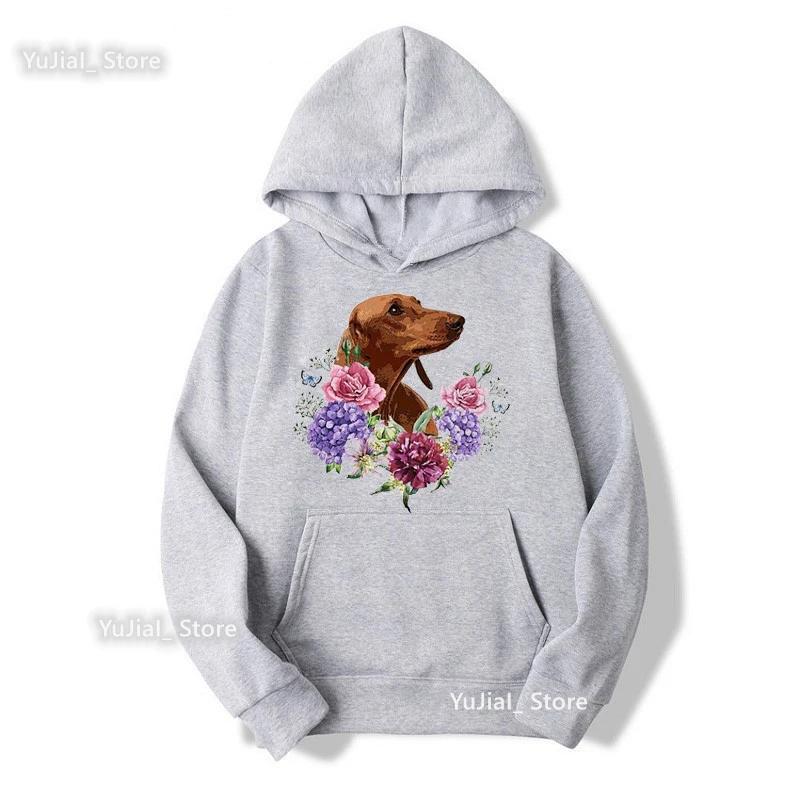 Sudadera con capucha gris con estampado artístico de flores florecientes de perro salchicha, ropa divertida para mujer, sudadera de perro bernés/griseshound/Shih Tzu, Tops para mujer