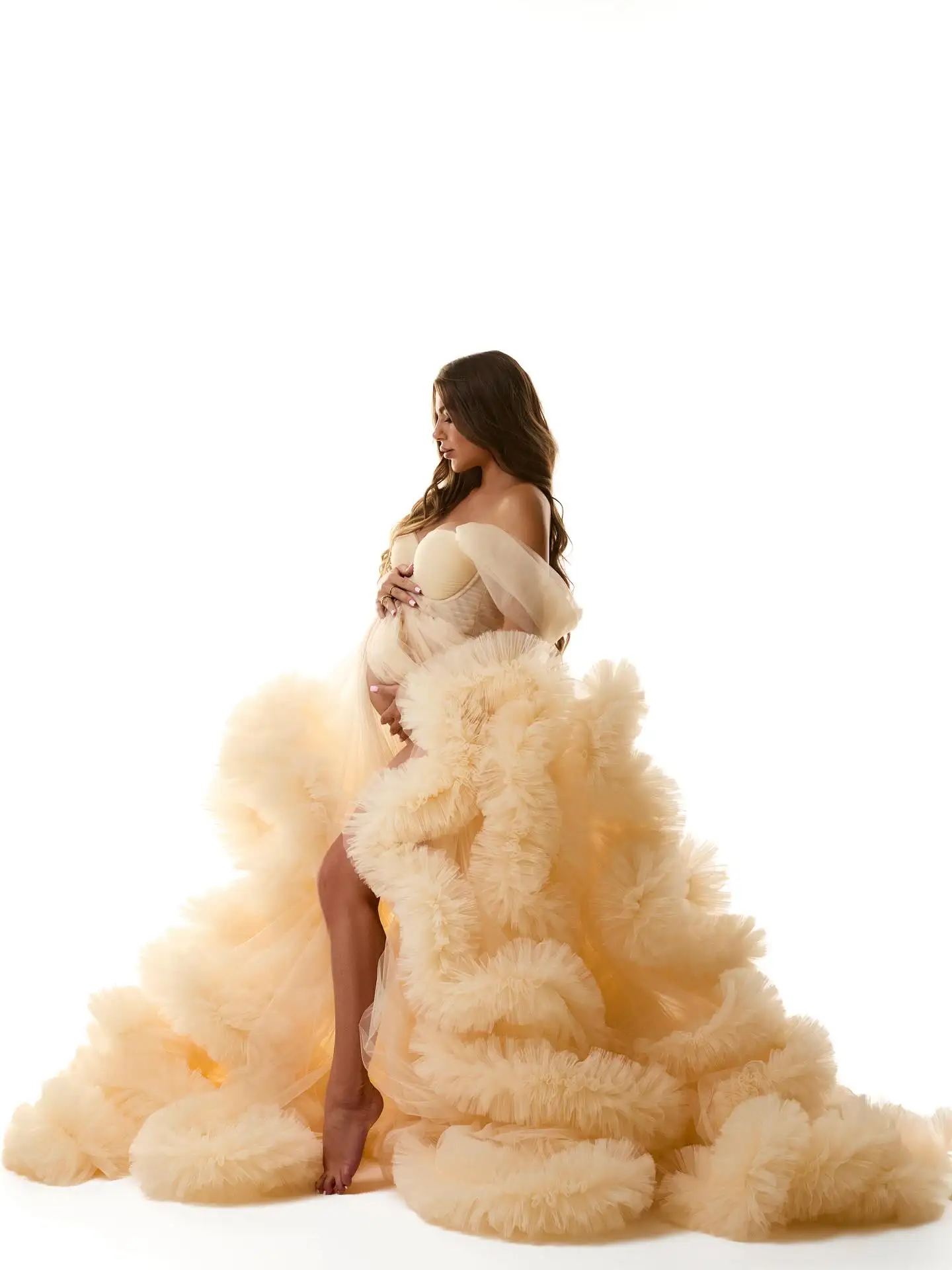 Incrível fofo babados tule vestido de maternidade photoshoot vestido de baile em camadas vestidos de chá de bebê fenda frontal inchado vestido de tule adereços