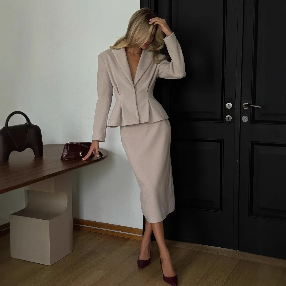 

Temperament Woolen Skirt Two Piece Set Women Solid Color Slim Blazer Coat Package Hip Skirts 2 Piece Sets Elegant All-match Suit