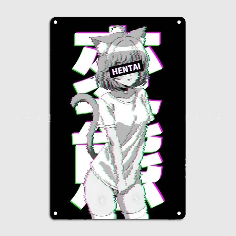 Glitched Hentai Catgirl Decor for Room Anime Decoration for Home Tin Plate Gamer Metal Signs Art Mural Garage Poster Wall Items