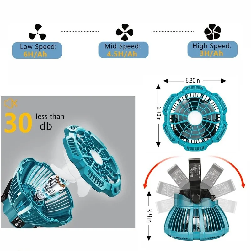 Ventilador de teto da bateria externa apropriado para makita dewalt bosch milwaukee black & decker 14.4-18v bateria de lítio com gancho dobrável