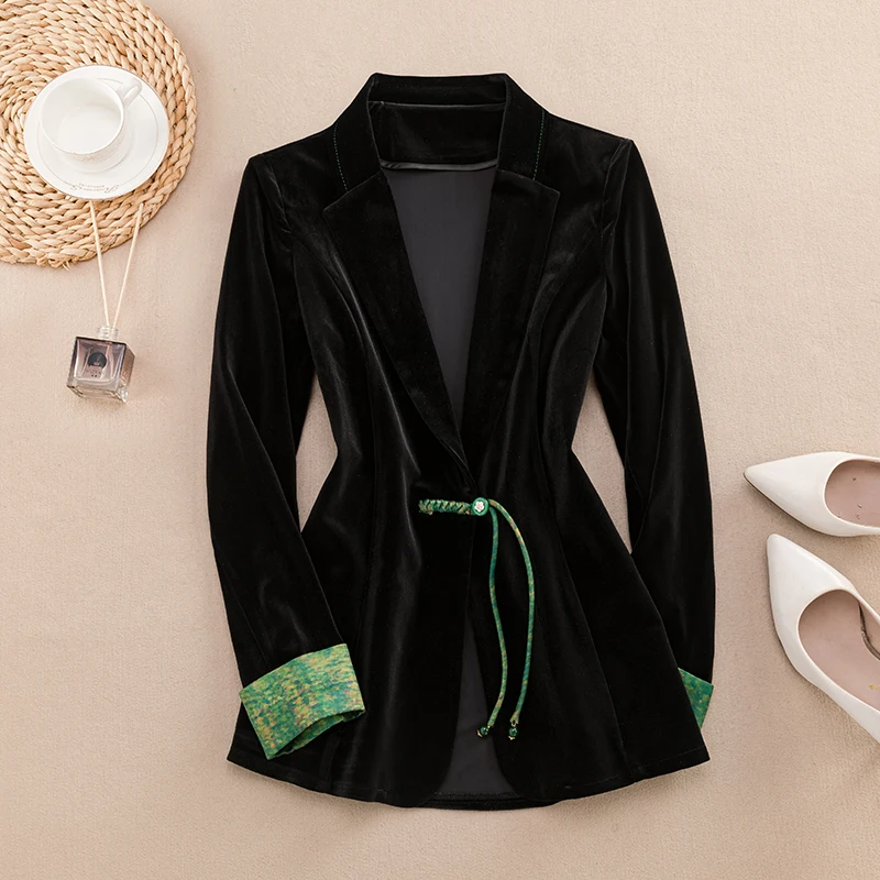 

Chinese Sle ort Velvet Suit Jaet Women's Faion Patchwork Button Front Coat Two-Piece Set Spring Autumn New Arrival