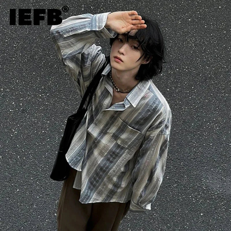 IEFB Korean Style Men\'s Shirt Stripe Casual Pocket Contrast Color Lapel Long Sleeved Single Breasted Male Top New Fashion 9C6912