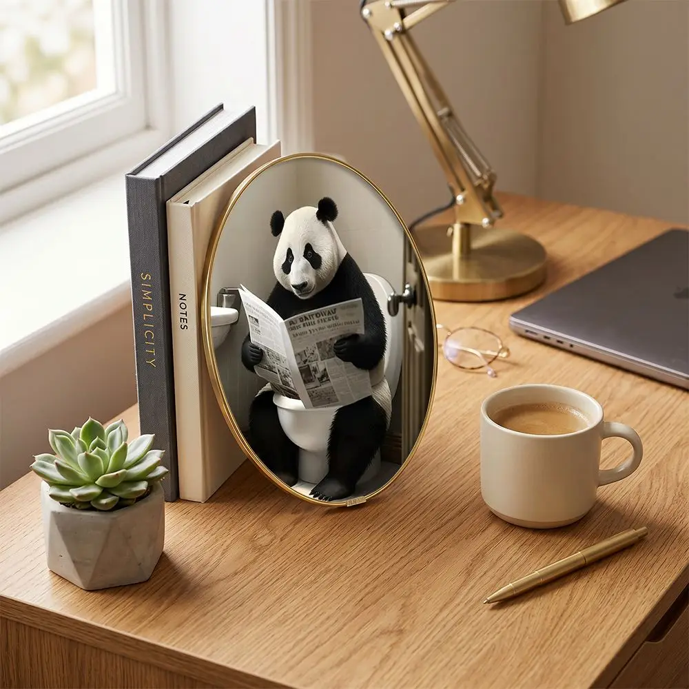 Oval Gold Framed Canvas Wall Art, Funny Animal Reading Newspaper On Toilet Print,Humor Panda Sloth Otter Bathroom Restroom Decor