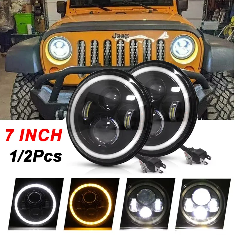 

1/2Pcs 7 Inch Moto Car Led H4 Round Headlight With Halo Angel Eyes Amber Turn Signal For Jeep Wrangler JK TJ Headlamps 12V 24V