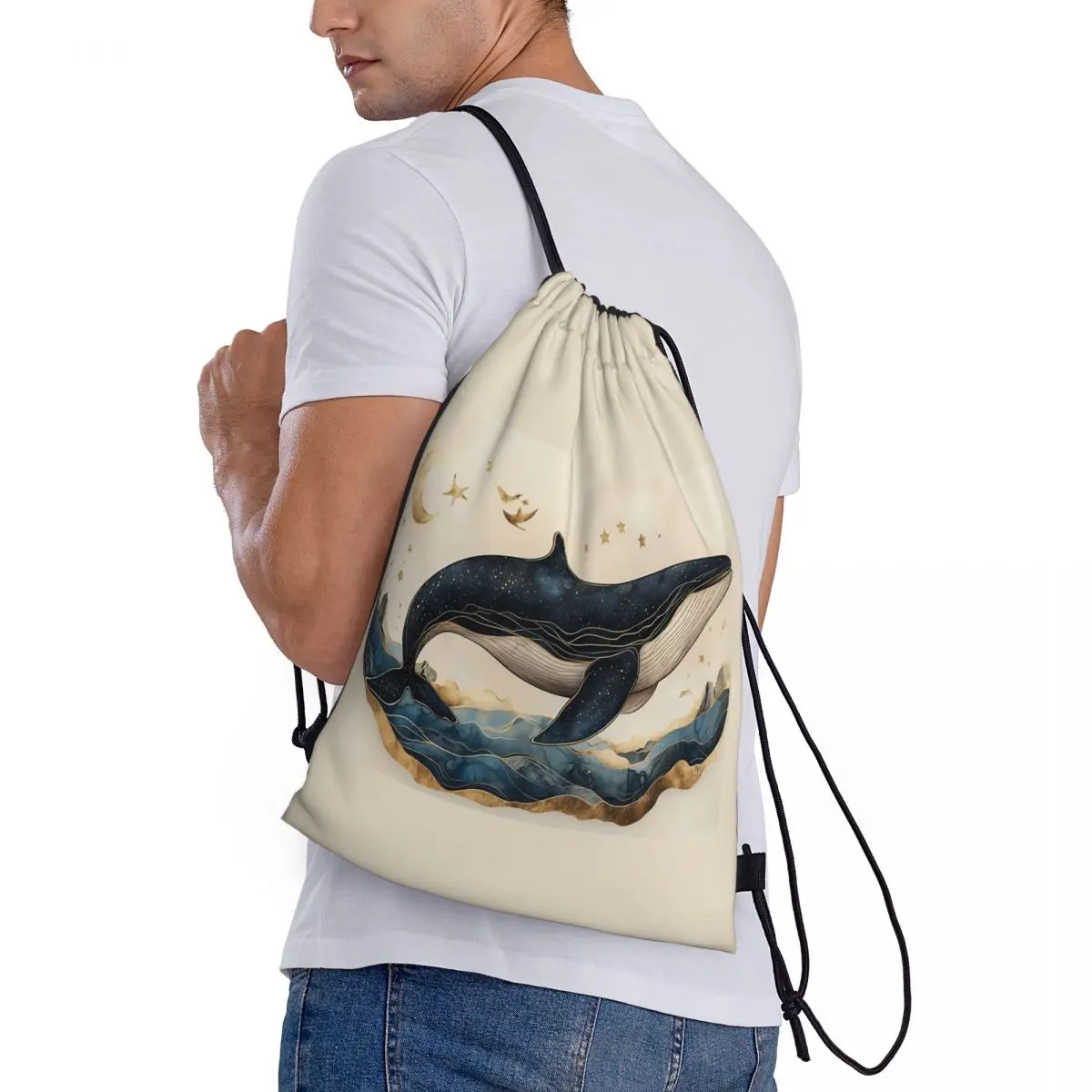 

Golden Blue Aesthetic Whale Backpacks Portable Drawstring Bundle Pocket Shoes Bag Book Bags for Man Woman School