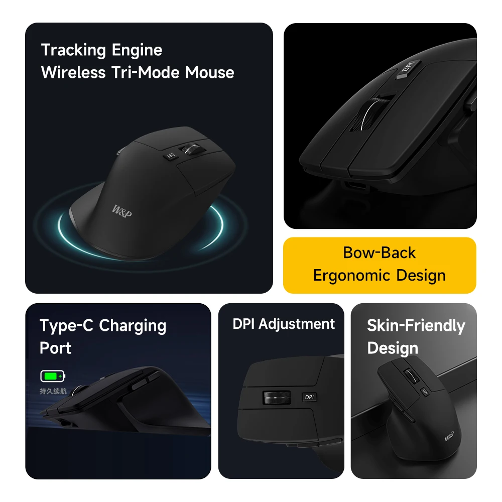 W&P Wireless Mouse Bluetooth 5.0 & 3.0 Multi-Device 2.4G Portable Optical Ergonomic Right Hand Computer Mice