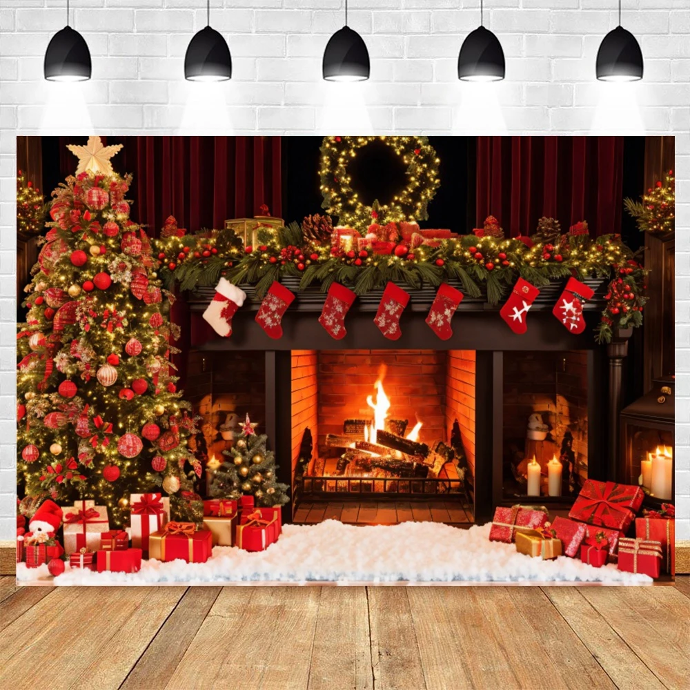 Winter Christmas Backdrops for Photography Fireplace Xmas Tree Gift Baby Toys Party Portrait Photographic Background Photo