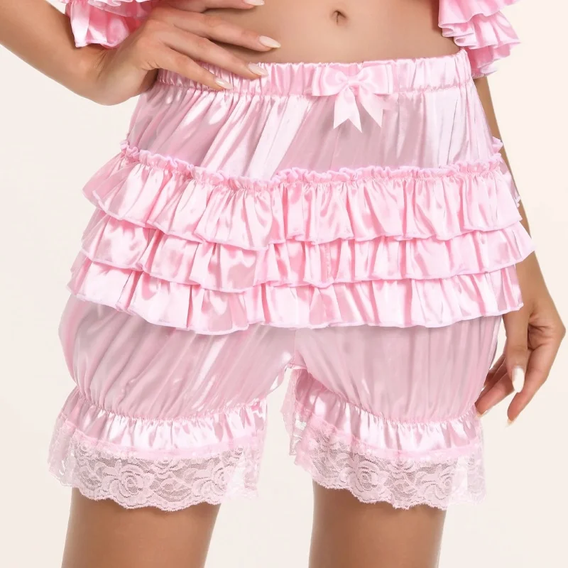 الساتان الدانتيل الكشكشة لوليتا البنطلونات السراويل السراويل النساء الوردي المتدرج Kawaii اليقطين سراويل Y2k خمر الفيكتوري البنطلون