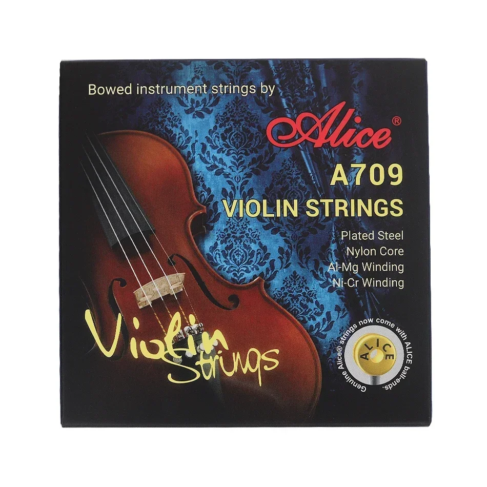 Alice A709 Violin Strings Set Plated Steel Plain String Nylon Core Al-Mg Wound Ni-Cr Winding Performance Use Violin Strings