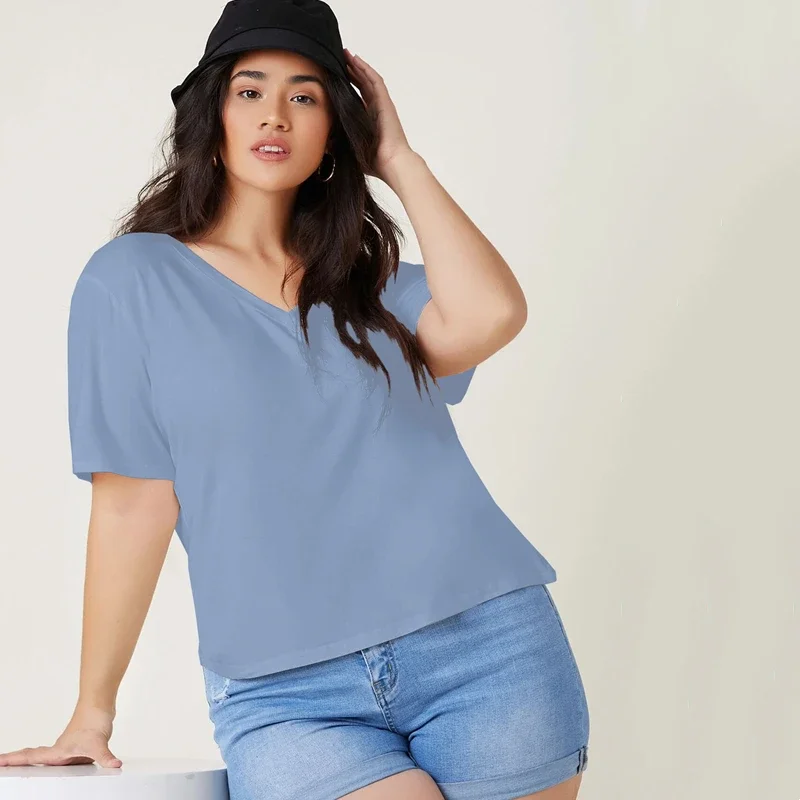 Plus Size scollo a v manica corta estate Casual Top donna spalla scesa allentata Oversize Solid Basic t-shirt Tee Large Size 5XL 6XL 7X