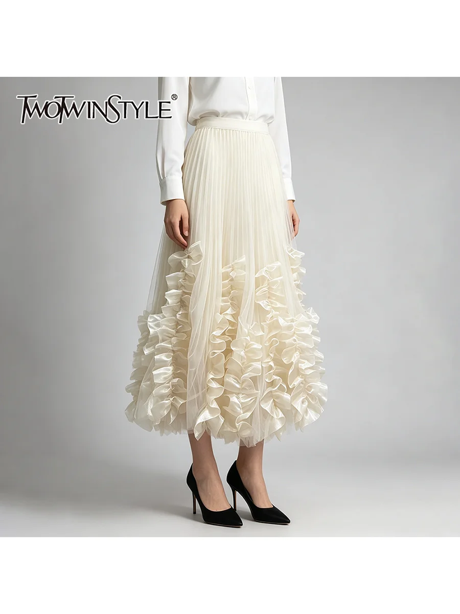 

TWOTWINSTYLE Designed Patchwork Folds Skirts for Women High Waist Casual Loose A Line Solid Skirt Female Fashion Clothing 2026
