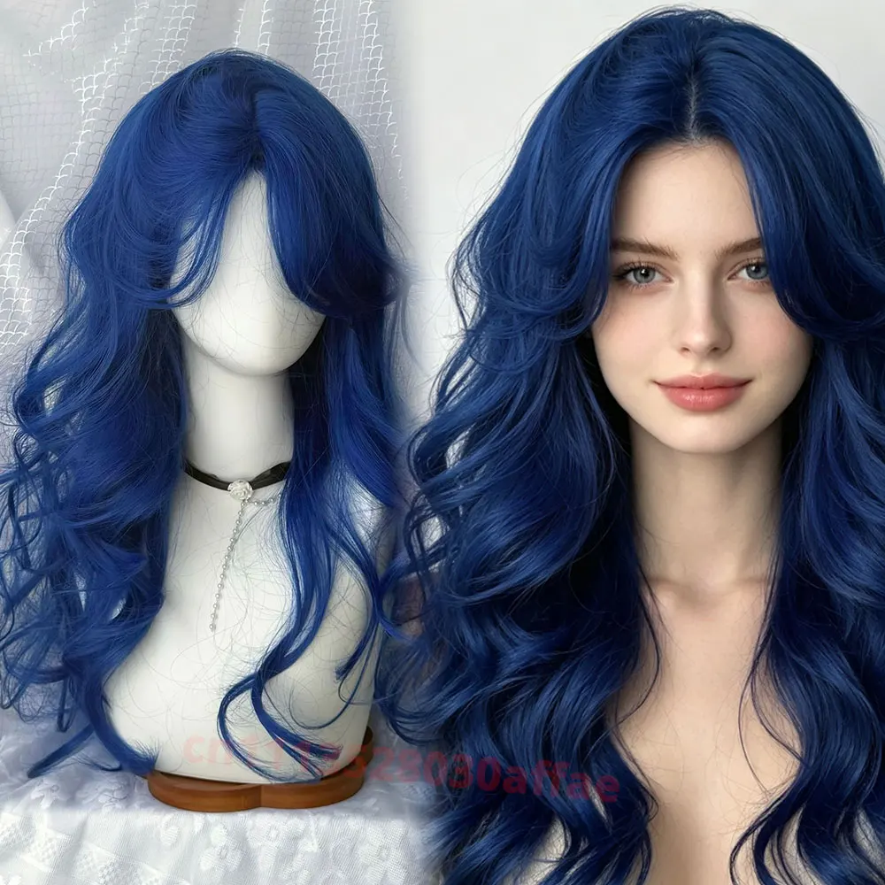 Sapphire Blue Cosplay Long Synthetic Fibers Wigs for Women Heat Resistant Lolita Wig Natural Headband Hair Party Daily Use
