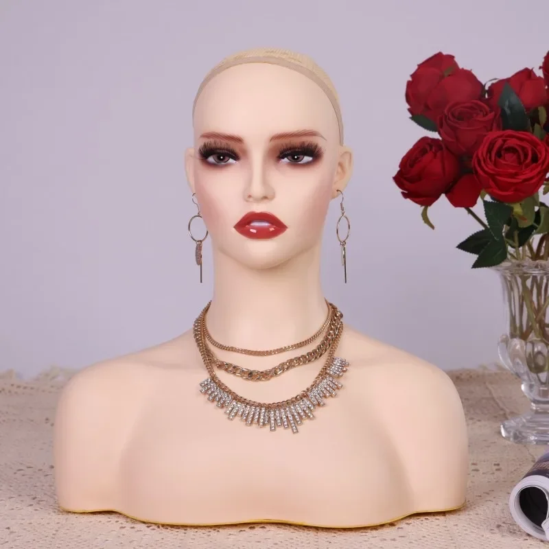 Realistic Female Mannequin Head with Shoulders Manikin Dummy Head for Wig Jewelry Hat Sunglass Display