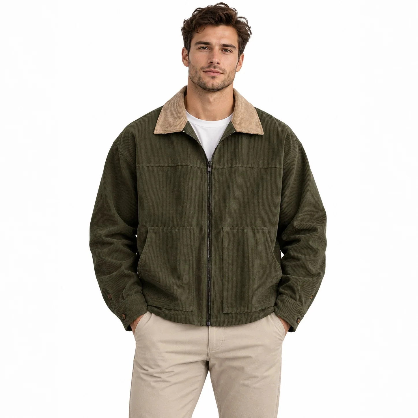 Men's American Barn Style Jacket Autumn Vintage Workwear Lapel Contrast Corduroy Collar Zipper Casual Loose Outerwear Coat
