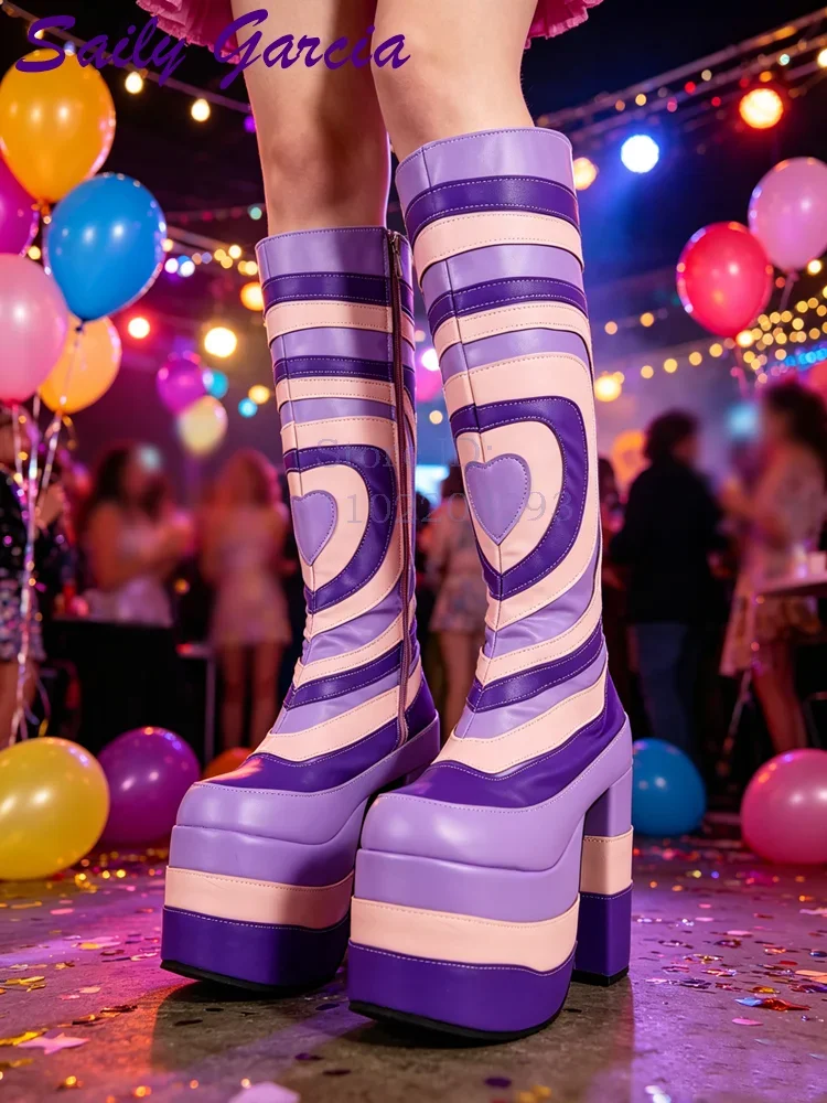 Purple Heart Waves Knee-high Boots Novelty Round Toe Side Zipper Platform Chunky Heels Boots 2026 Spring New Women Punk Shoes