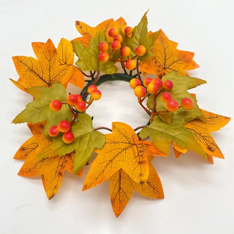 Maple Leaf Pumpkin Berry Candle Rings Wreath for Harvest Festival Table Decoration Candlestick Garland Home Decor