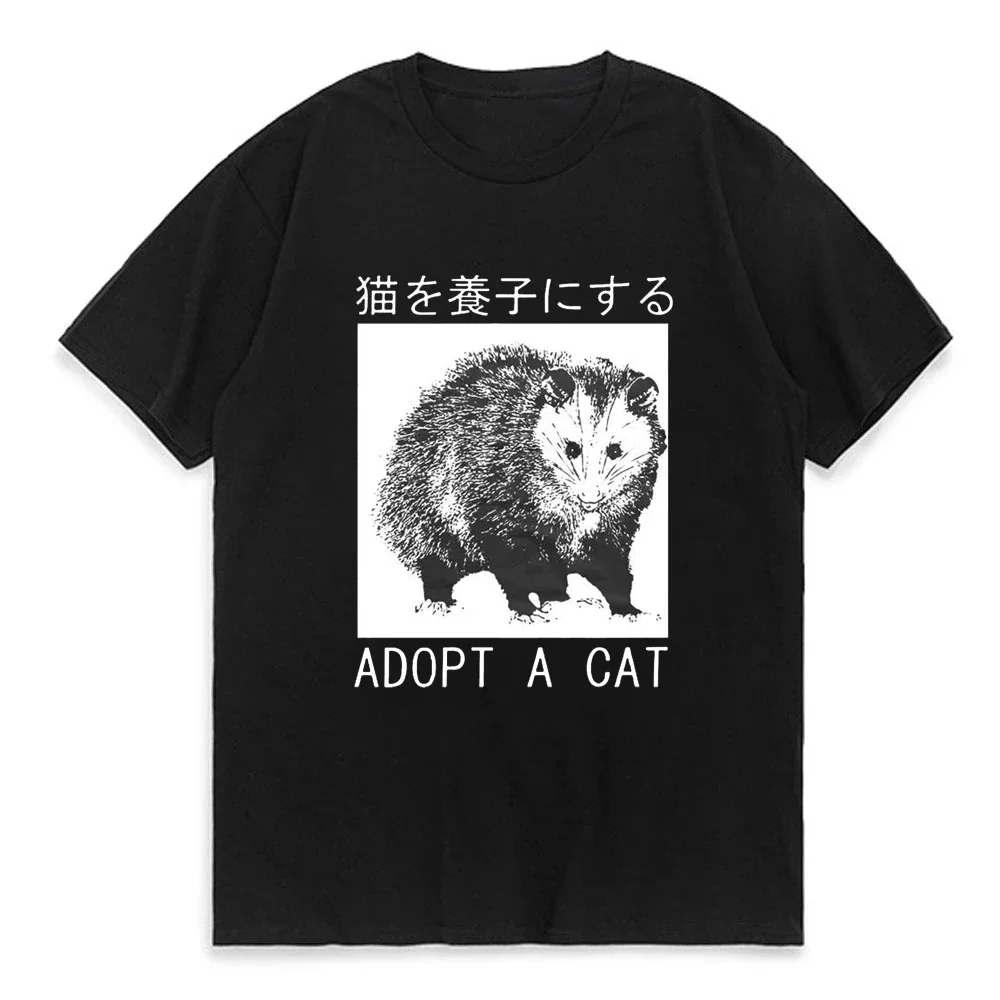 Adopt A Cat Opossum Japanese T-Shirts Men Novelty 100% Cotton Tee Shirt Crewneck Short Sleeve T Shirt Classic Mens Tops