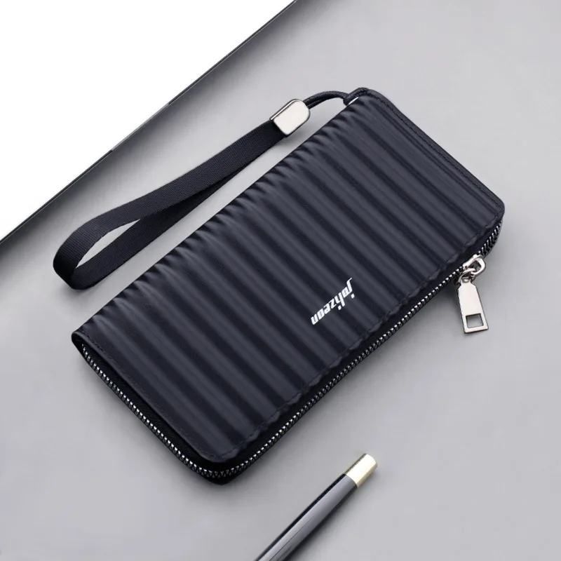 High Quality Striped PU Leather Men\'s Long Zipper Wallet New Handbag Wrist Strap Casual Mobile Bag Multi Card Purse Hot Sale