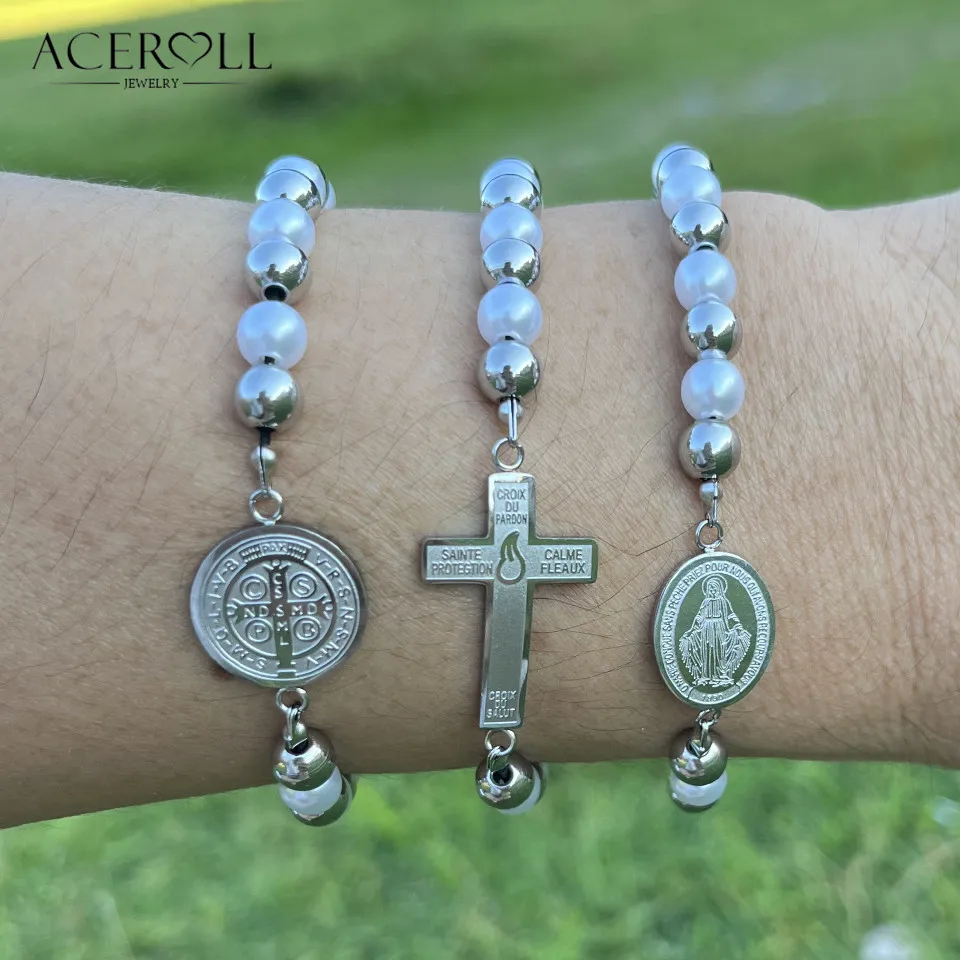 ACEROLL Stainless Steel Rosary Beads Bracelet with Saint Benedict,Miraculous Medal,Cross of the Sons and Daughters of the Light