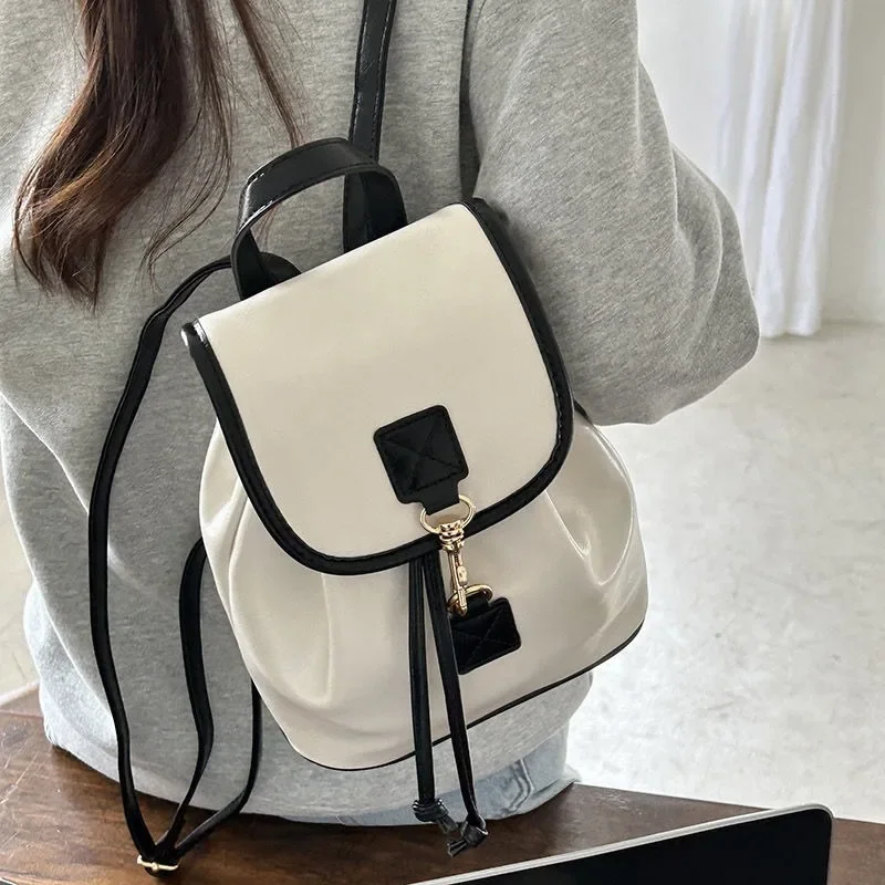 Xiuya White Elegant Womens Backpack Korean Style Fashion Leather Casual Backpacks Contrast Color Female Simple Aesthetic Bags