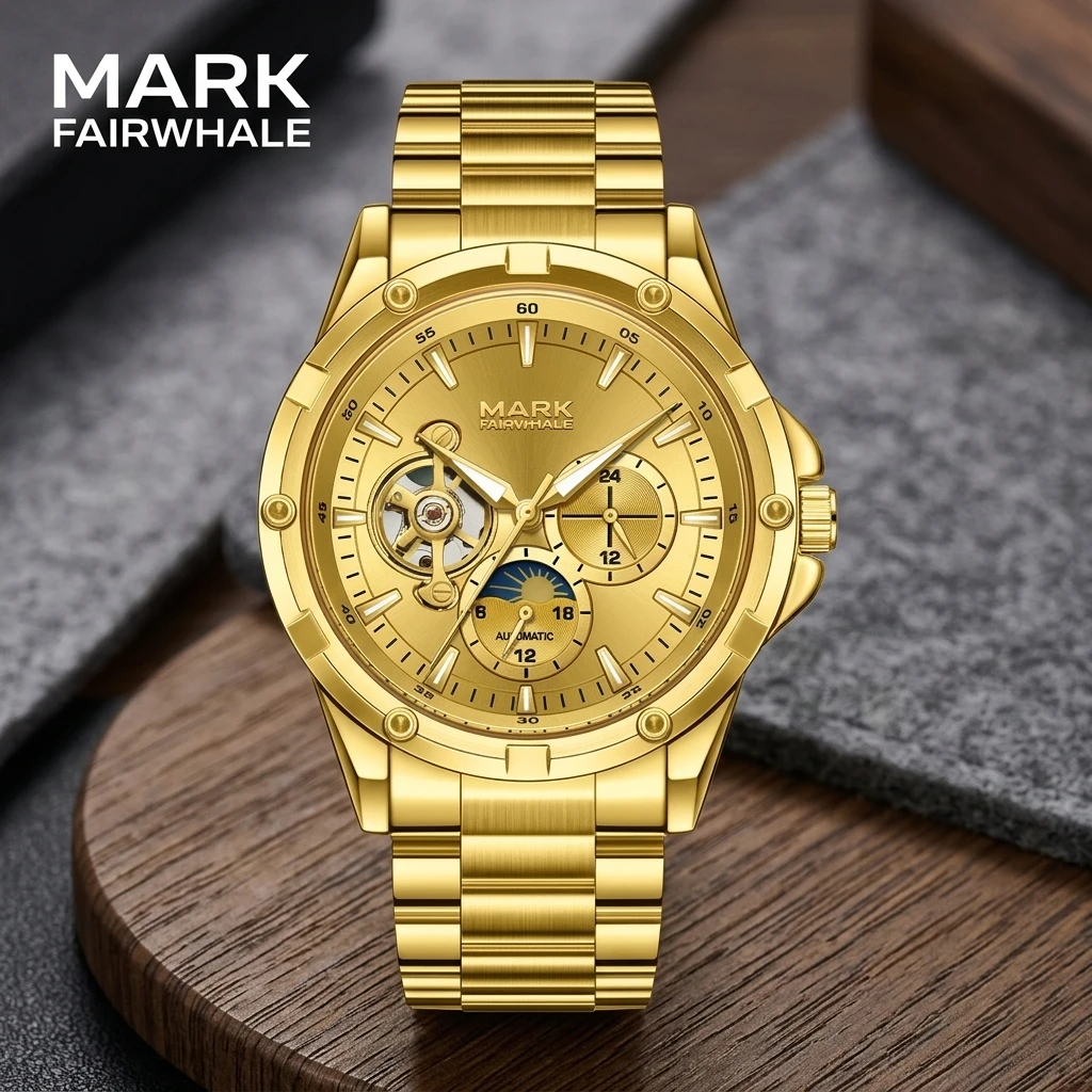 Mark Fairwhale Automatic Mechanical Watch Men Moon Phase Multi Dial Stainless Steel Waterproof Wristwatch