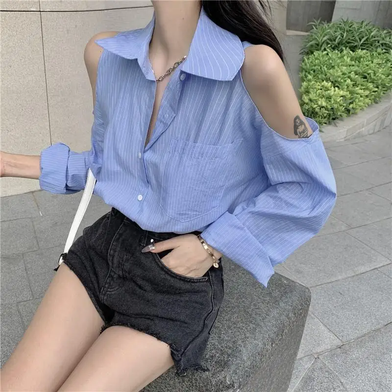 

Spring Summer Striped Hollow Out Blouse Long Sleeve Polo Neck Loose Off Shoulder Trend Shirt Tops Vintage Casual Women Clothing