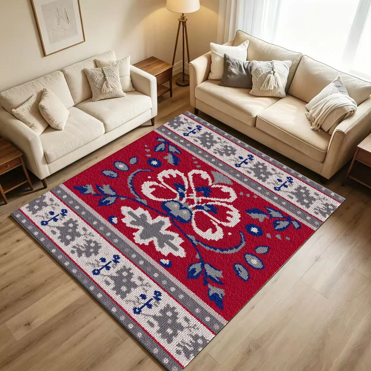Retro Red Folk Floral Carpet Flooring Traditional Ethnic Flower Ornament Border Printed Floor Rug for Household Indoor Home Art Decoration