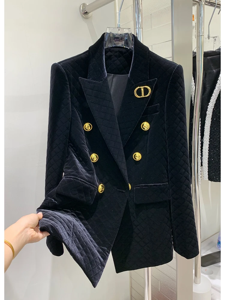 2022 Designer Jacket HIGH STREET Newest  Women's Double Breasted Grid Sewing Velvet  Blazer