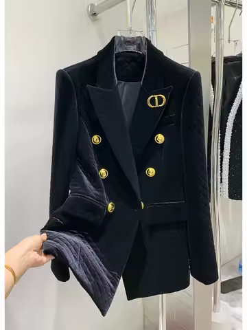 2022 Designer Jacket HIGH STREET Newest Women's Double Breasted Grid Sewing Velvet Blazer