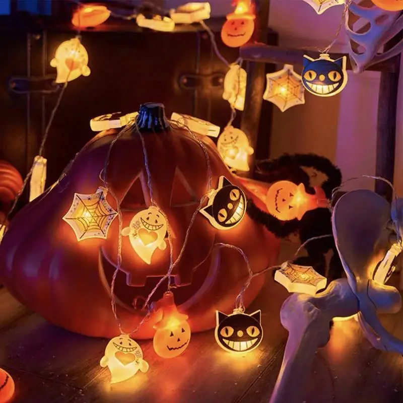 1 pz Halloween 10/20/40 LED luci a stringa alimentate a batteria con gatto fantasma zucca ragnatela forma interna per decorazioni per feste