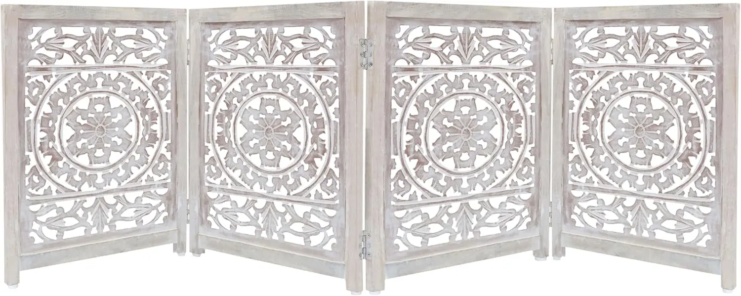 

Wooden Foldable Pet Dog Safety Gate - 4 Panel 20' W x 24' H - Hand Carved Suzani Free Standing Portable Indoor Puppy Gate