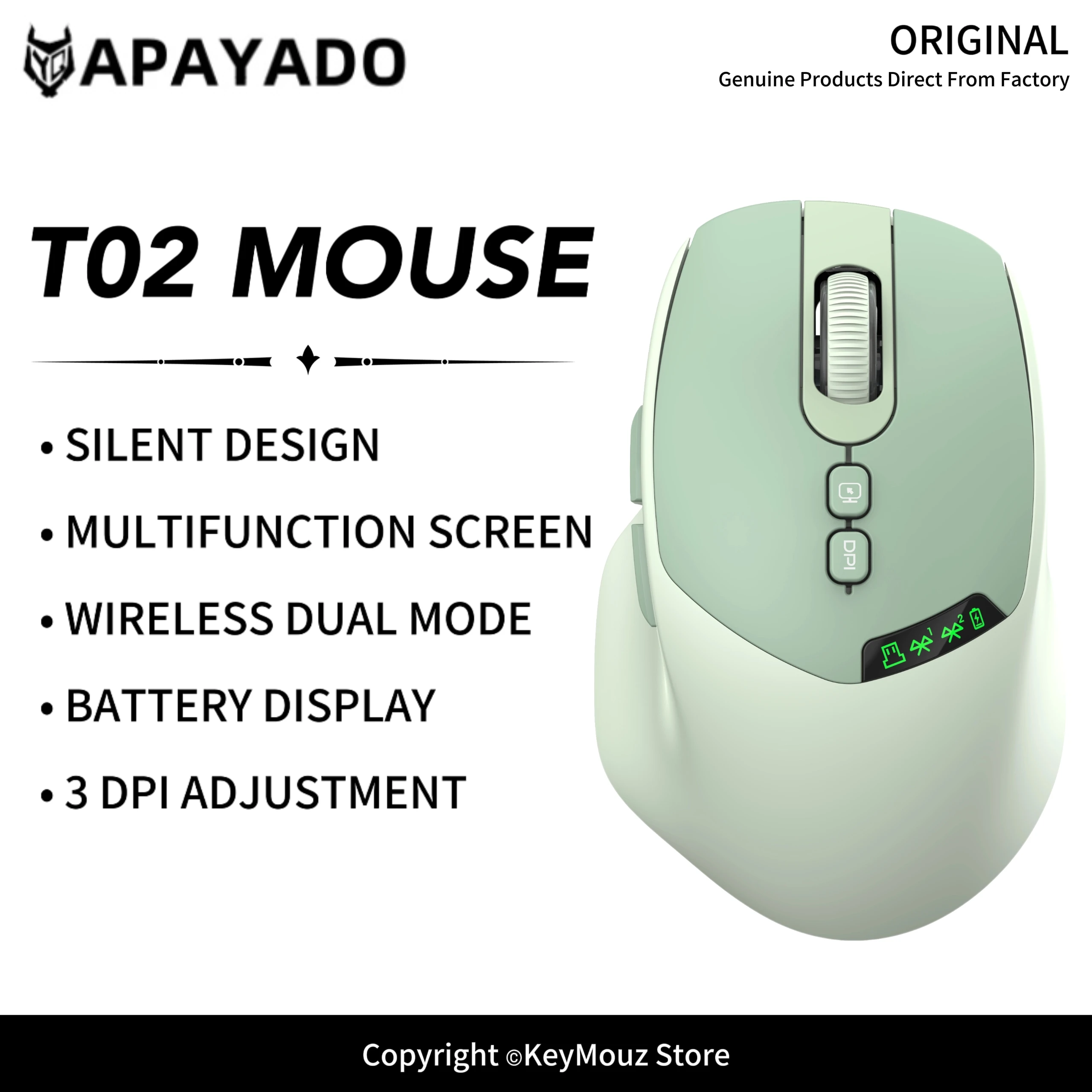 Rato sem fios T02 com dois modos de utilização, clique silencioso, ecrã LCD, recarregável por USB-C, 3 níveis de DPI ajustáveis para PC, portátil, Mac