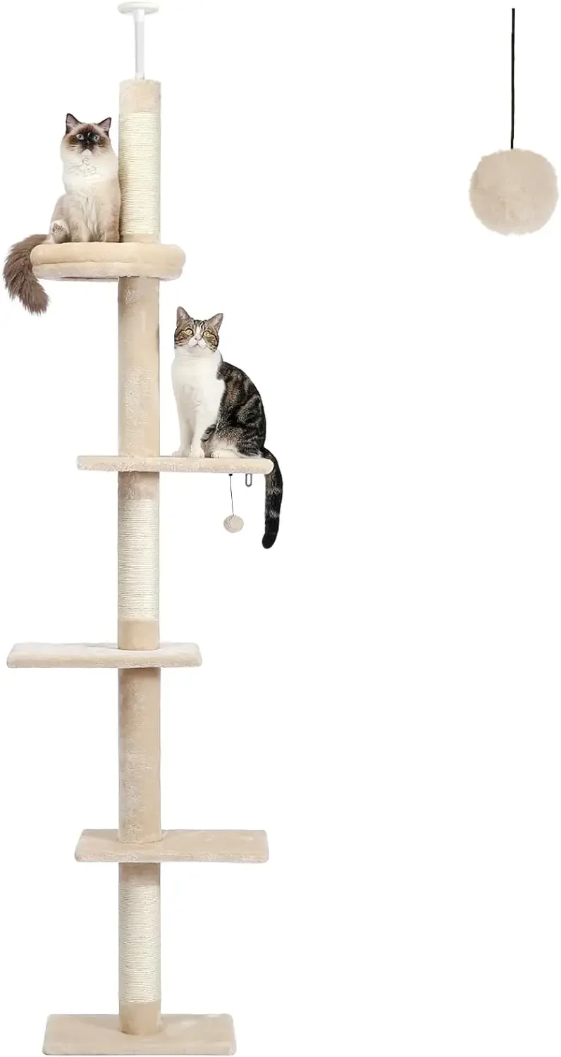 PETEPELA Cat Tower 5-Tier Floor to Ceiling Cat Tree Height(95-107 Inches) Adjustable, Tall, Climbing Tree Featuring