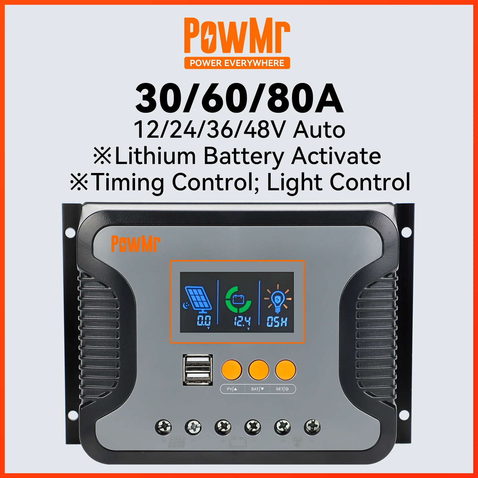 powmr 30a 60a 80a controlador de carga solar pwm regulador de tensao da bateria solar para 12v 24v 36v 48v sistema de temporizacao e controle de luz 01