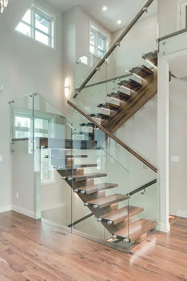 Customized floating straight ladder LED glass railing steel and wood environmentally friendly stairs, suitable for indoor hotels