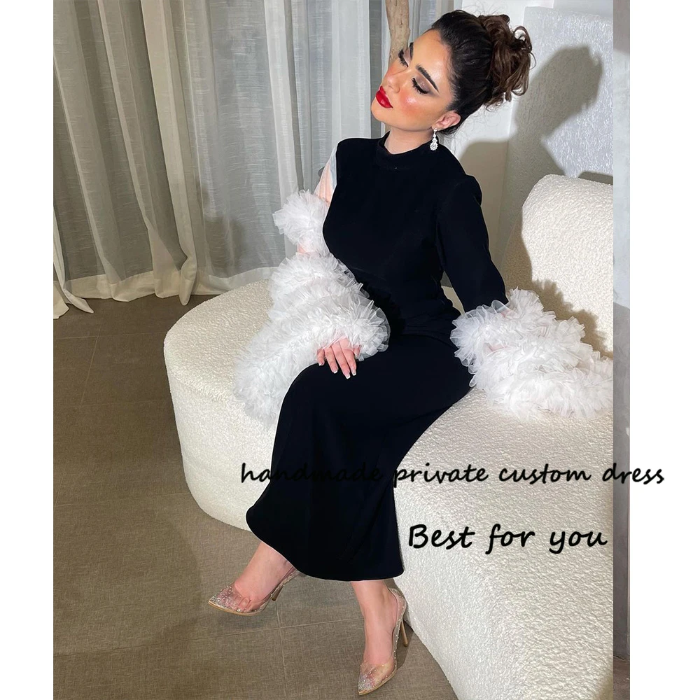 

Arabian Dubai Mermaid Evening Dresses Outfits for Women Black White Long Sleeve O Neck Formal Prom Dress Ankle Length Party Gown