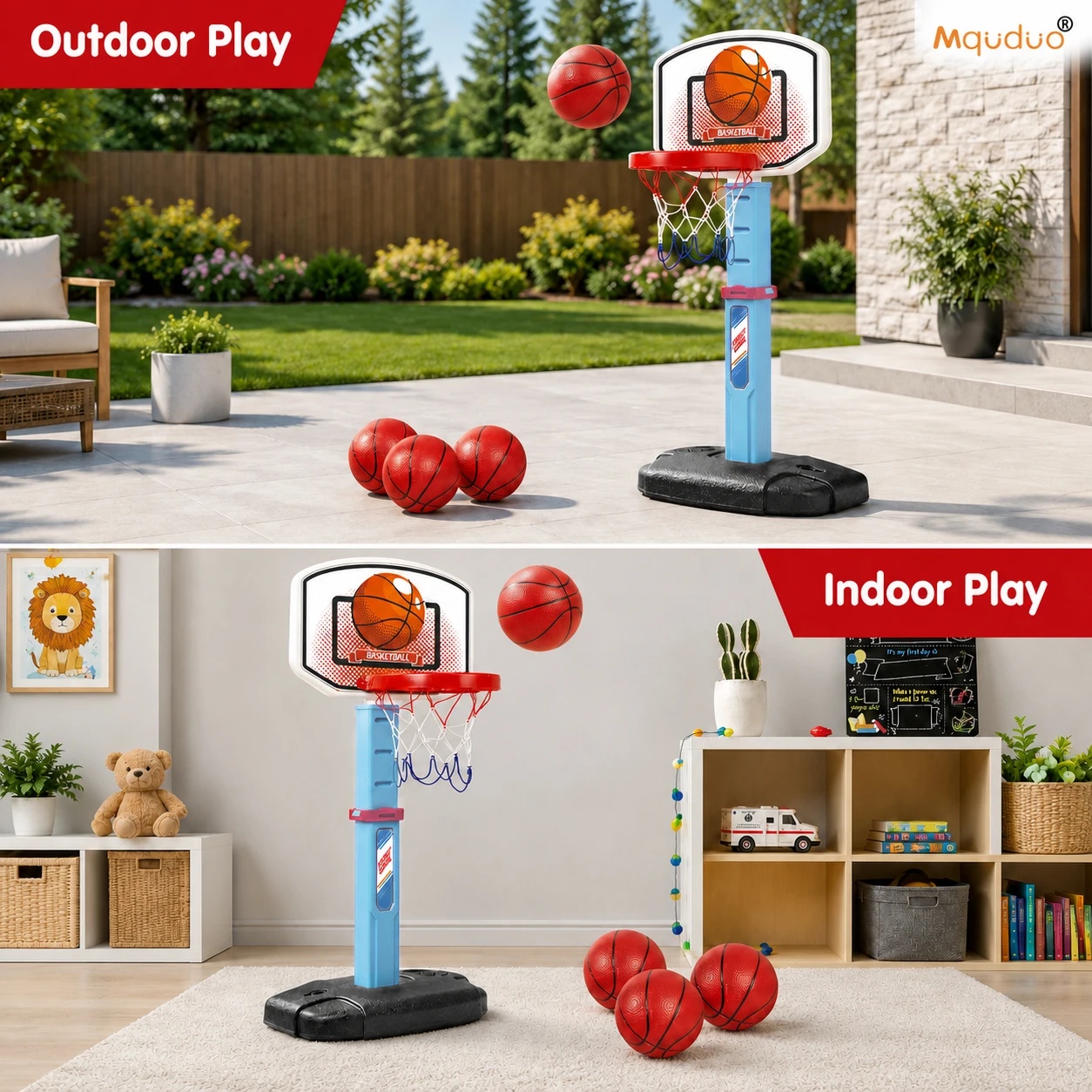 MQUDUO Indoor Outdoor Basketball Hoop with 3 Balls, Adjustable Height and Water Sand Fillable Base, Christmas Gift