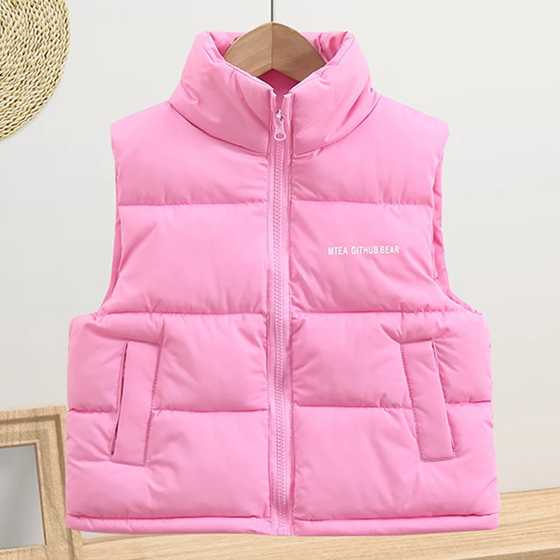 Winter Autumn Teen Girls Vest Solid Color Letter Print Thick Warm Stand Collar Jacket For 4-14 Years Boys Down Cotton Waistcoat