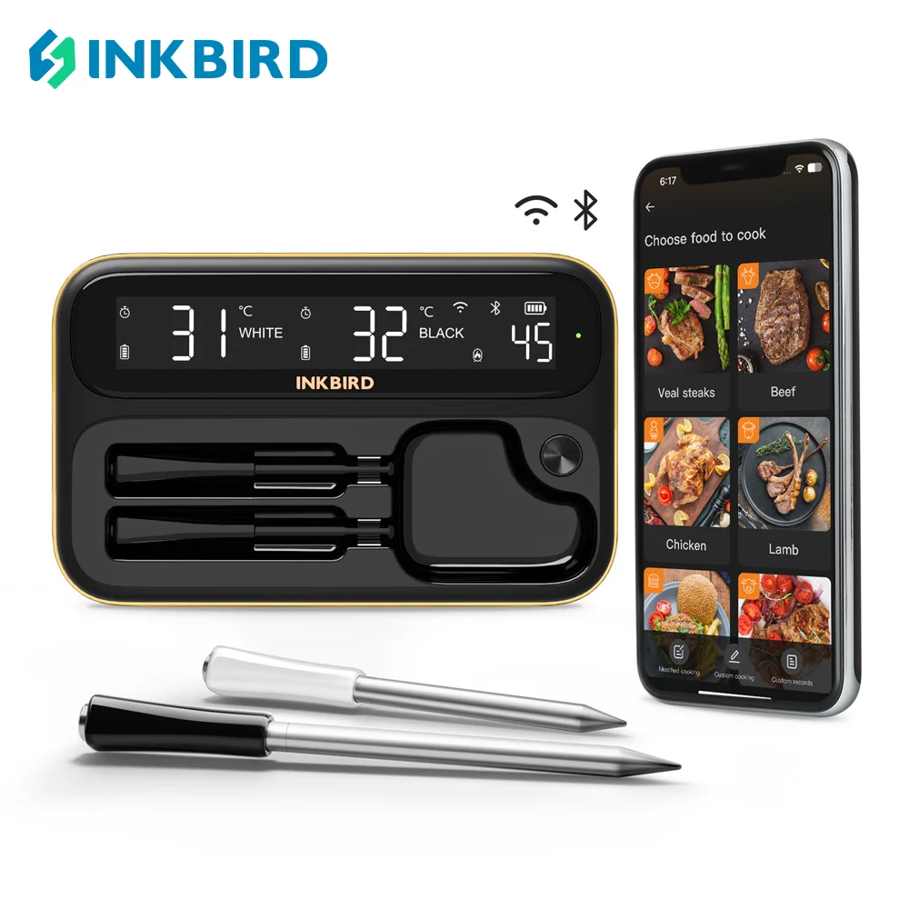 INKBIRD INT-12-BW WiFi & Bluetooth Wireless BBQ Thermometer, IP67 Waterproof,Backlit LCD, Long Short Probes,Ideal for Cooking