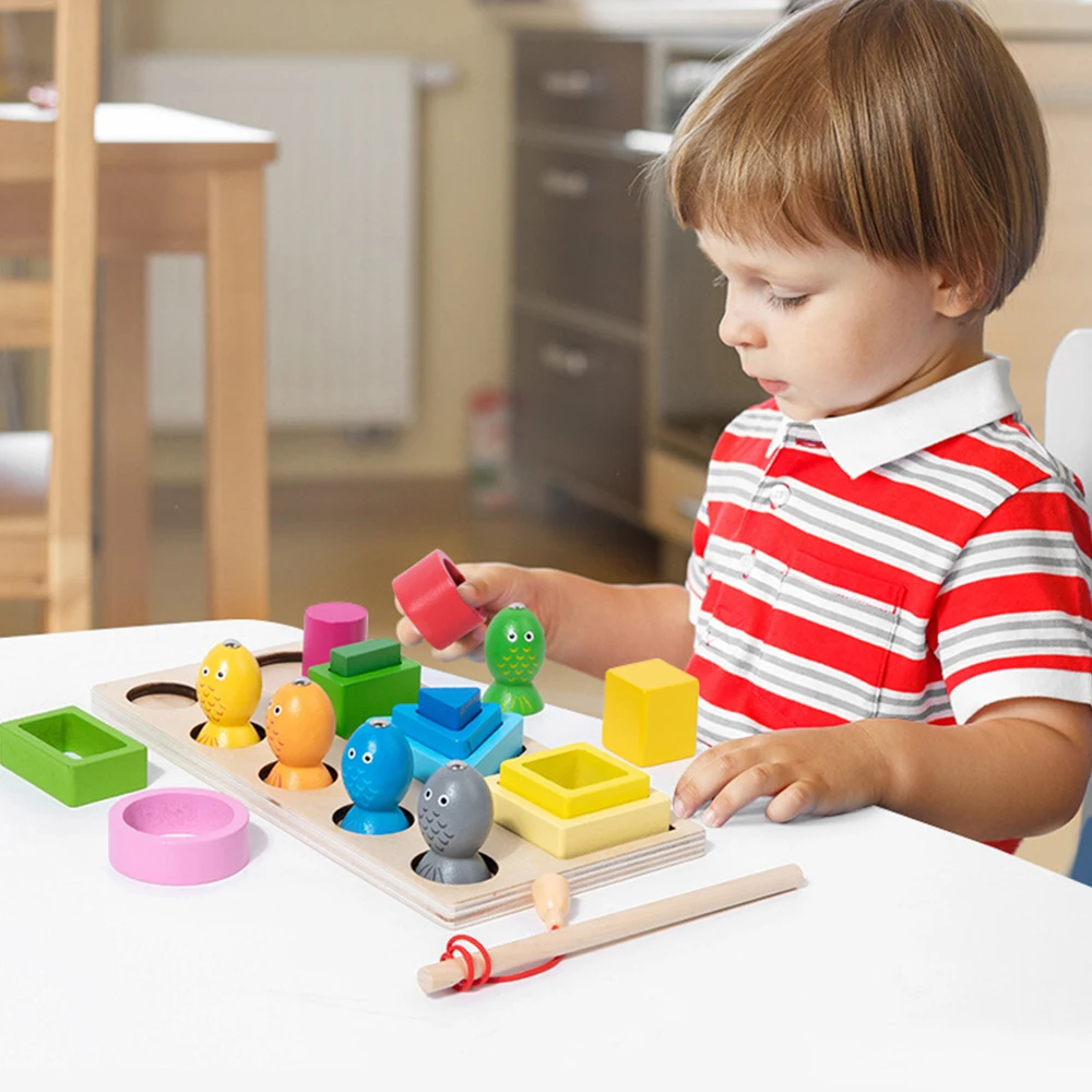Classificazione cognitiva a forma di colore in legno Montessori che abbina i giocattoli educativi per l'apprendimento della pesca magnetica dei bambini