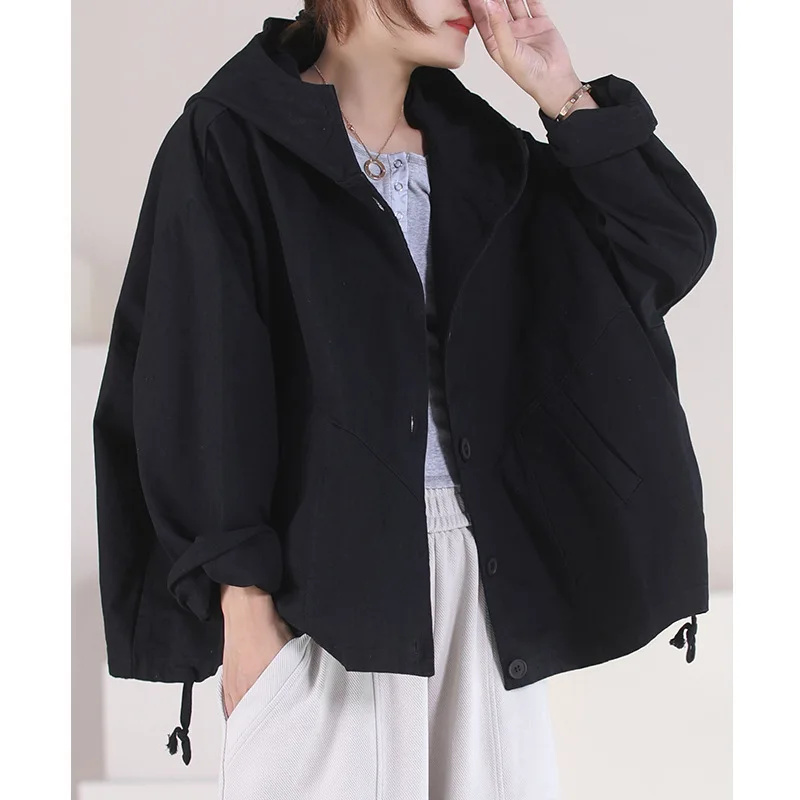 Female new autumn korean style plus size outerwear diagonal pocket  bottom drawstring long sleeve casual loose jacket